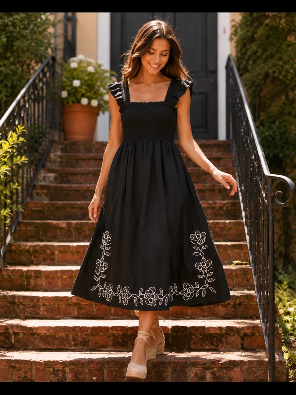 Aaron&Amber black smocked midi dress